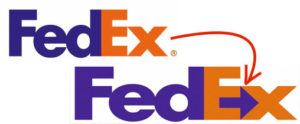 FedEx que é uma empresa de entrega tem uma seta na sua logo simbolizando o destino das entregas.